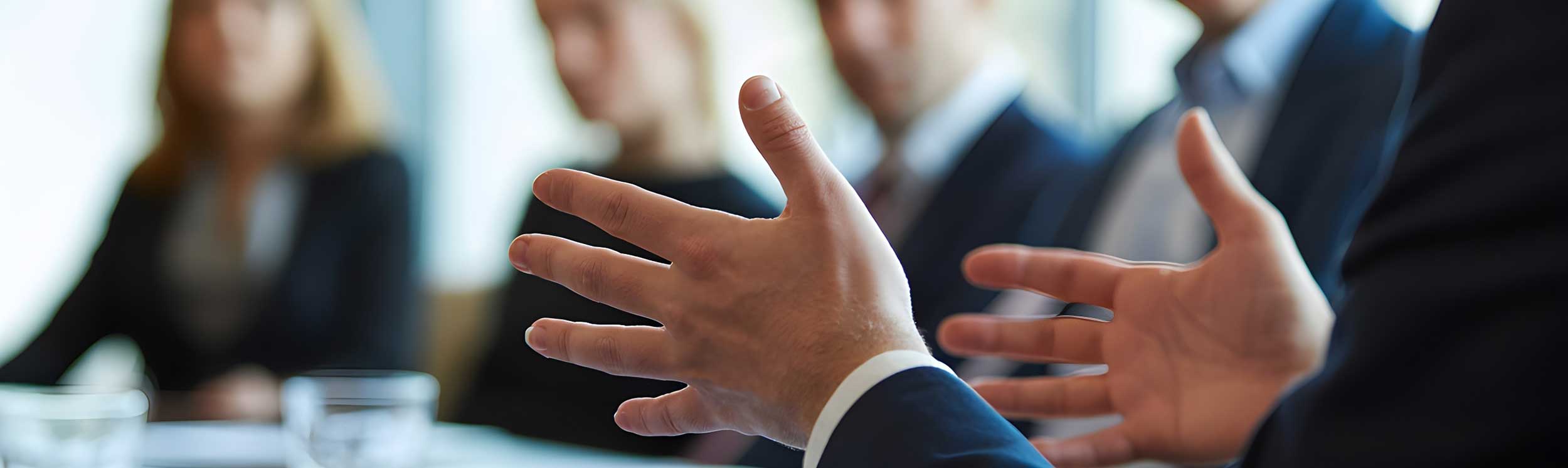 Gestikulierende Hände in einem Business-Meeting als Symbol für Austausch, Reflexion und Klarheit im Executive Mentoring.