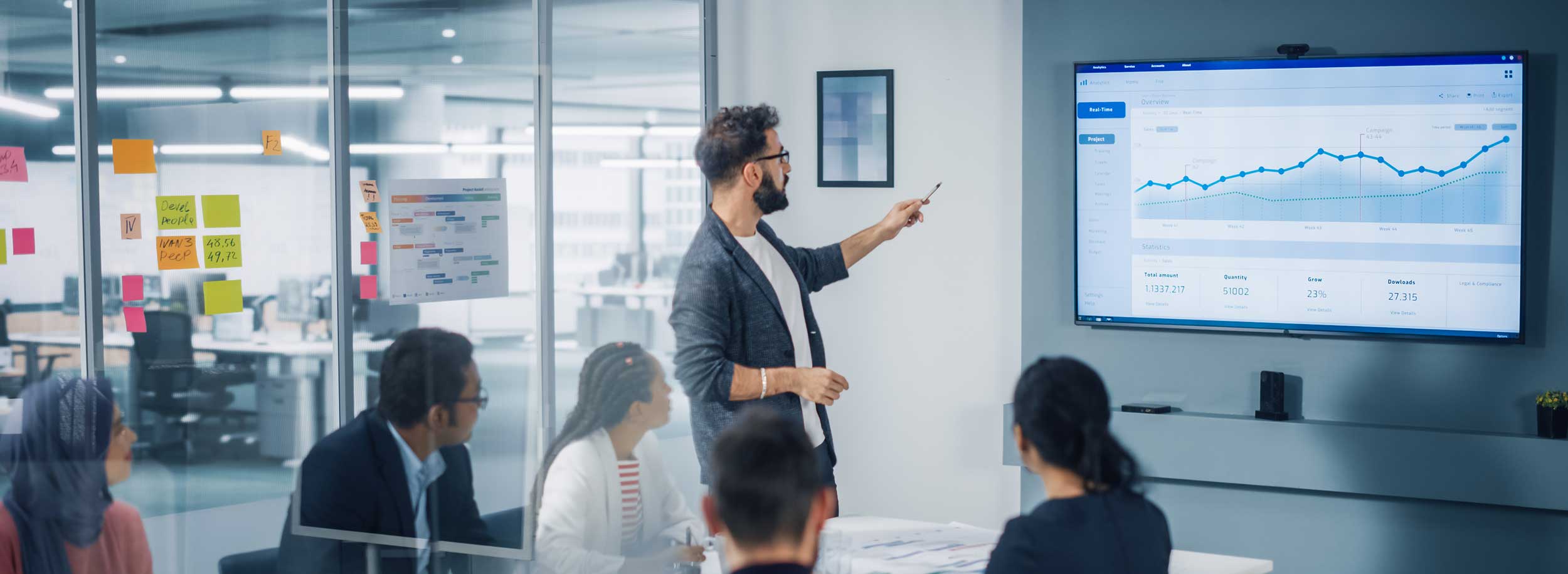 Business-Meeting mit Präsentation von Kennzahlen als Symbol für messbare Ergebnisse und Performance-Steigerung im Interim Management.