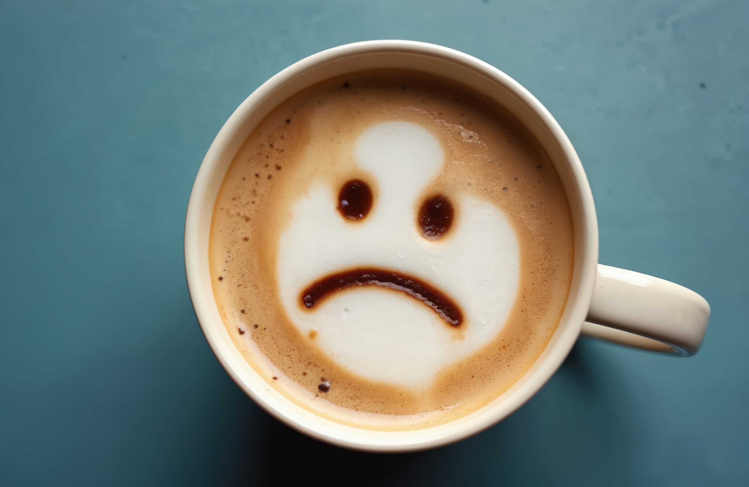 Tasse mit Cappuccino, in dem die Latte Art ein unglückliches Emoji bildet.