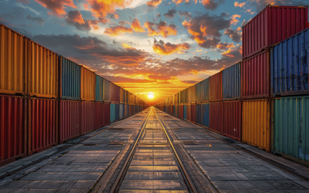 Blick entlang einer Containerstrecke im Sonnenuntergang als Symbol für Logistik, Zollprozesse und mögliches EBIT-Wachstum durch bessere Abläufe.