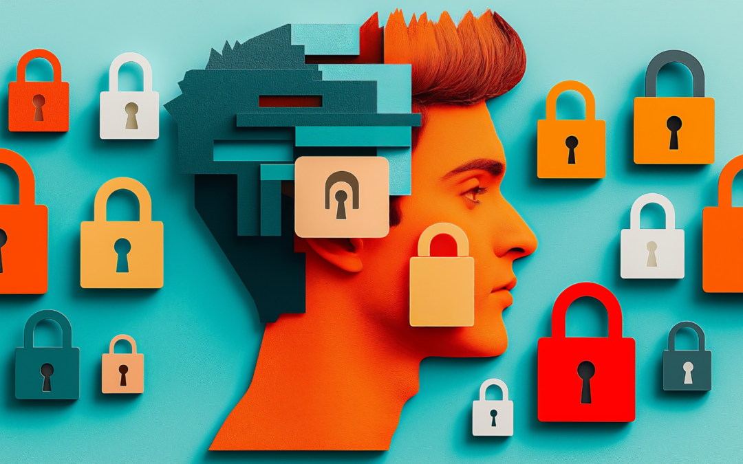 Symbolisches Kopfprofil mit Schlössern als Bild für mentale Blockaden im Job und innere Glaubenssätze