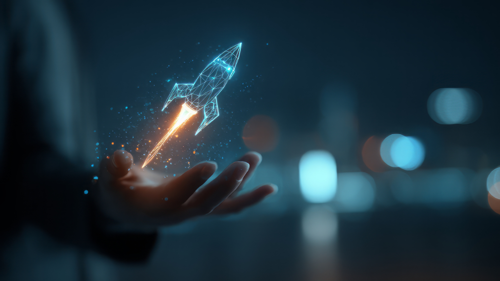 Digitale Rakete startet aus einer Hand und steht für Eigeninitiative, Entwicklung und den Impuls, wie Unternehmer zu denken.